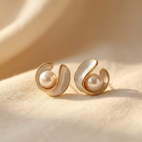 Gold Pearl and White Enamel Stud Earrings