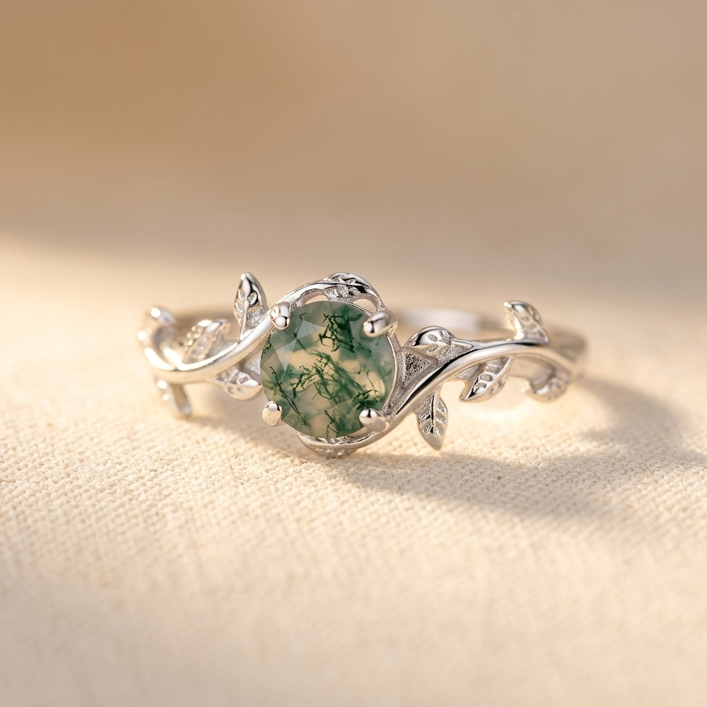 Vintage Silver Round Water Grass Moss Agate Leaf Ring