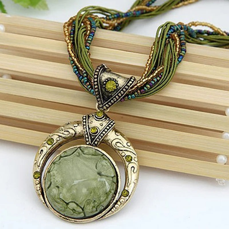 Vintage Green Crystal Ethnic Pendant Necklace