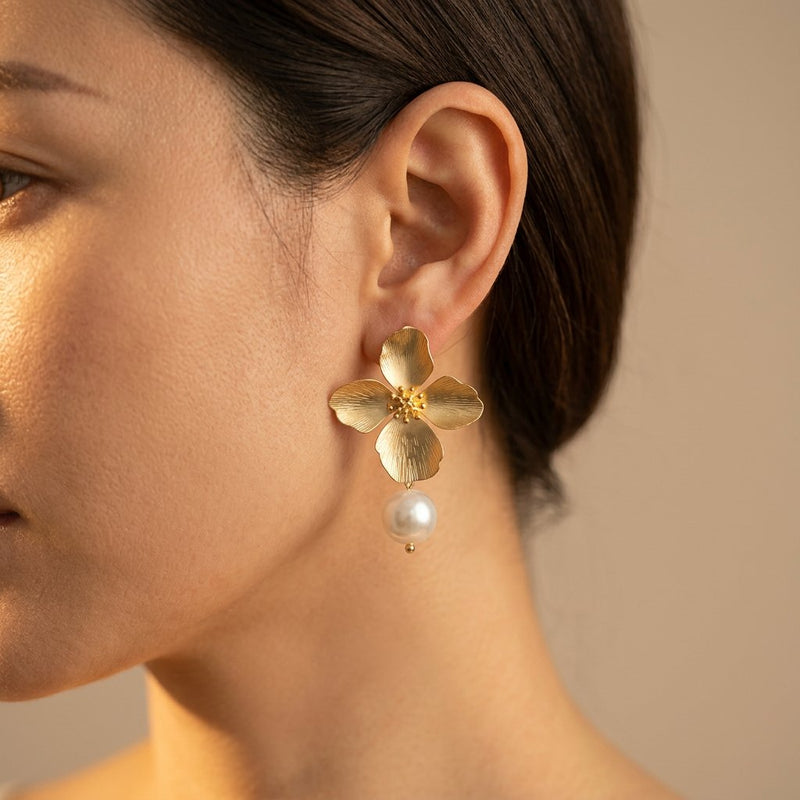 Matte Gold Floral Baroque Pearl Drop Earrings