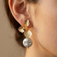 Matte Gold Floral Baroque Pearl Drop Earrings