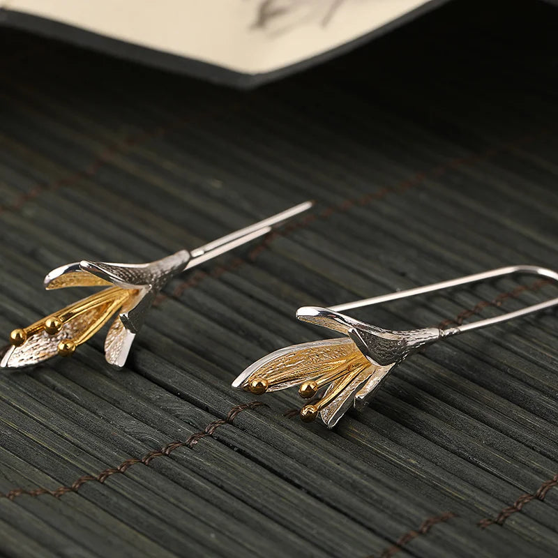 Modern Brushed Silver Petal Dangle Earrings