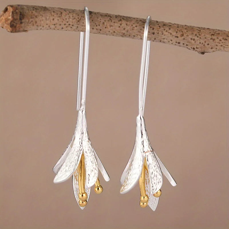 Modern Brushed Silver Petal Dangle Earrings