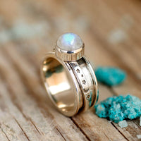 Celestial Stars Moon and Moonstone Fidget Silver Ring