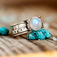Celestial Stars Moon and Moonstone Fidget Silver Ring