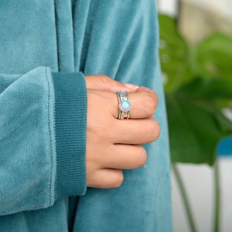 Celestial Stars Moon and Moonstone Fidget Silver Ring