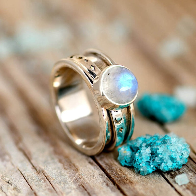 Celestial Stars Moon and Moonstone Fidget Silver Ring