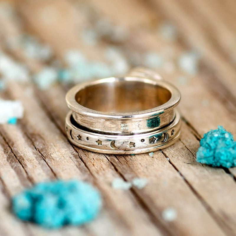 Celestial Stars Moon and Moonstone Fidget Silver Ring