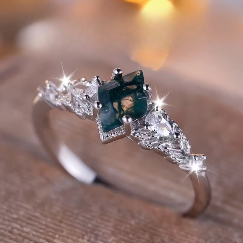 Moss Agate Stone Bright Silver Ring