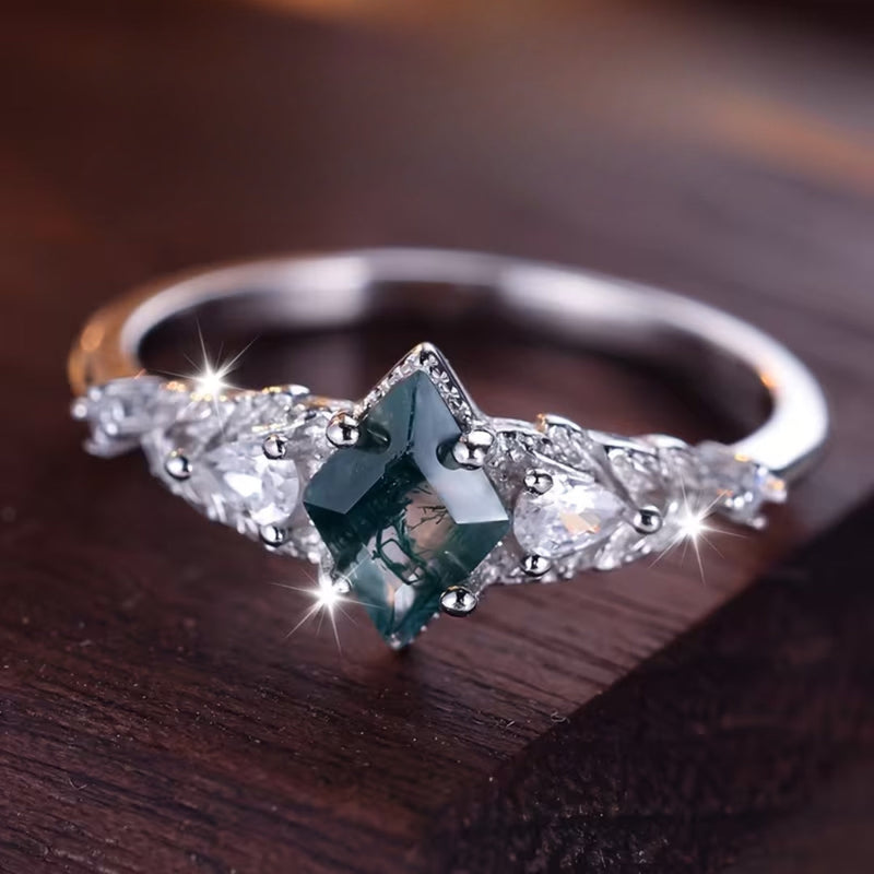 Moss Agate Stone Bright Silver Ring