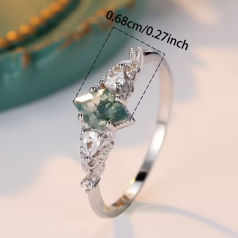Moss Agate Stone Bright Silver Ring