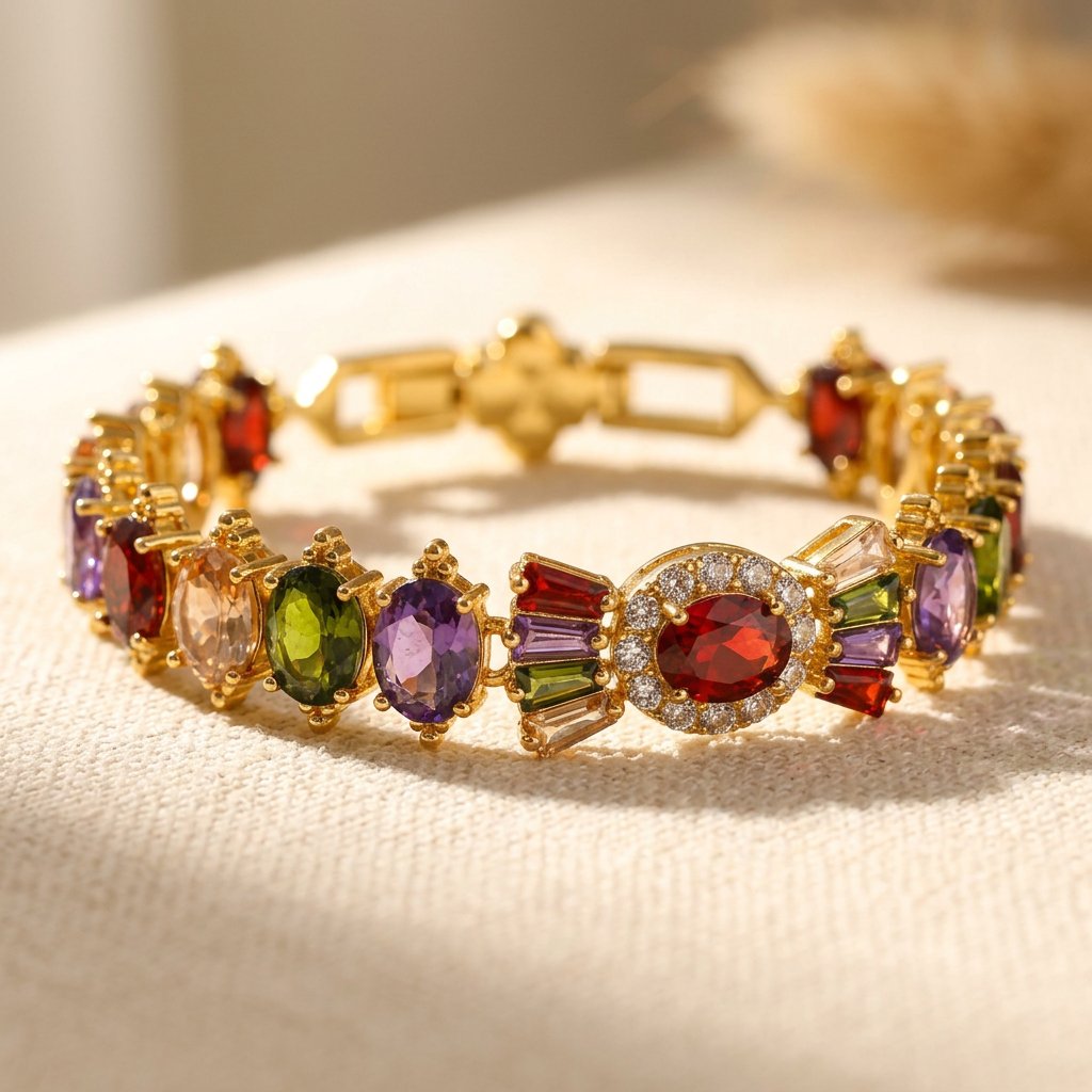 Multicolor Gemstone Gold Oval Link Bracelet