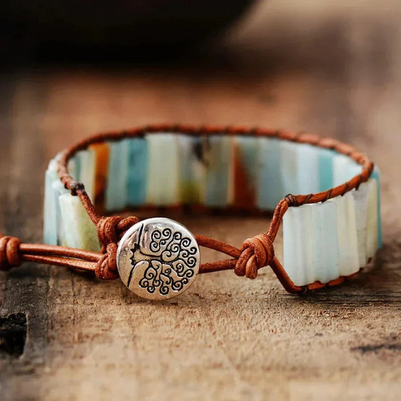 Natural Amazonite Stone & Leather Tree Of Life Bracelet