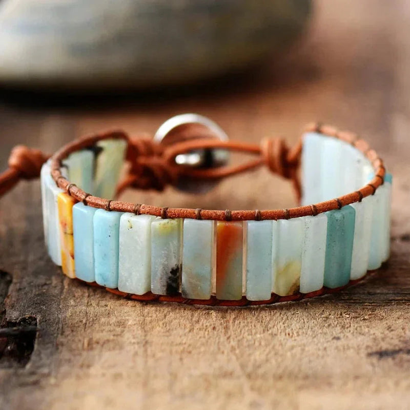 Natural Amazonite Stone & Leather Tree Of Life Bracelet