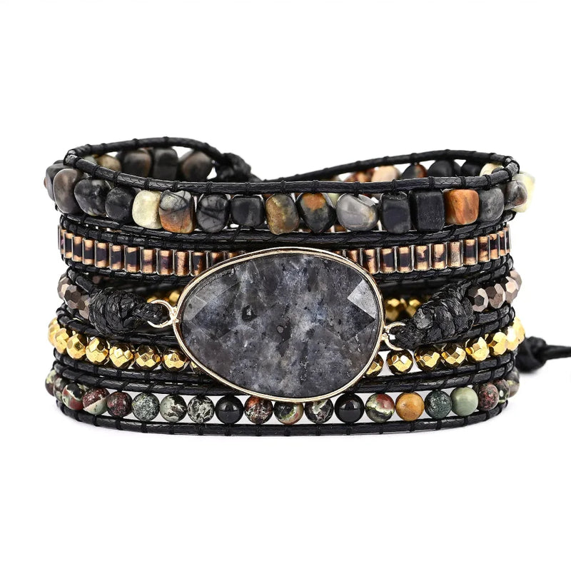Natural Black Labradorite & Picasso Jasper Beaded Wrap Bracelet