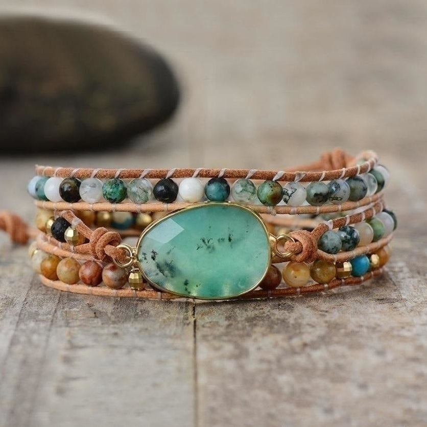 Natural Green Jade Jasper and Moss Agate Wrap Bracelet
