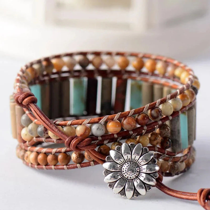 Natural Jasper & Sunflower Charm Leather Wrap Bracelet