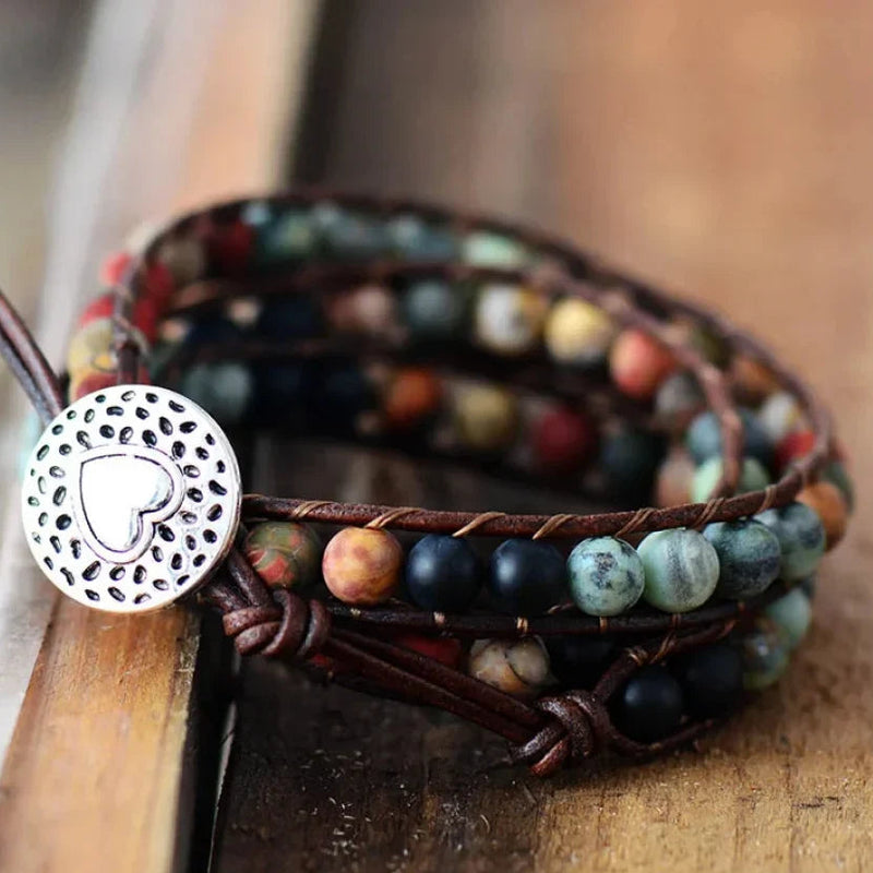 Natural Semi-Precious Gemstones "LOVE" Leather Wrap Bracelet