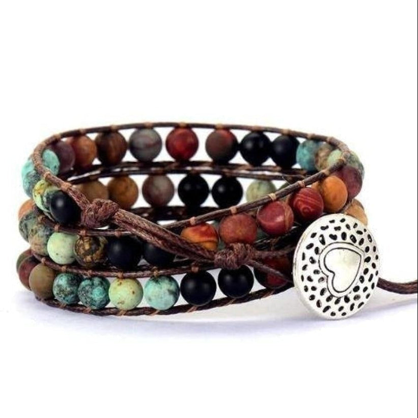 Natural Semi-Precious Gemstones "LOVE" Leather Wrap Bracelet