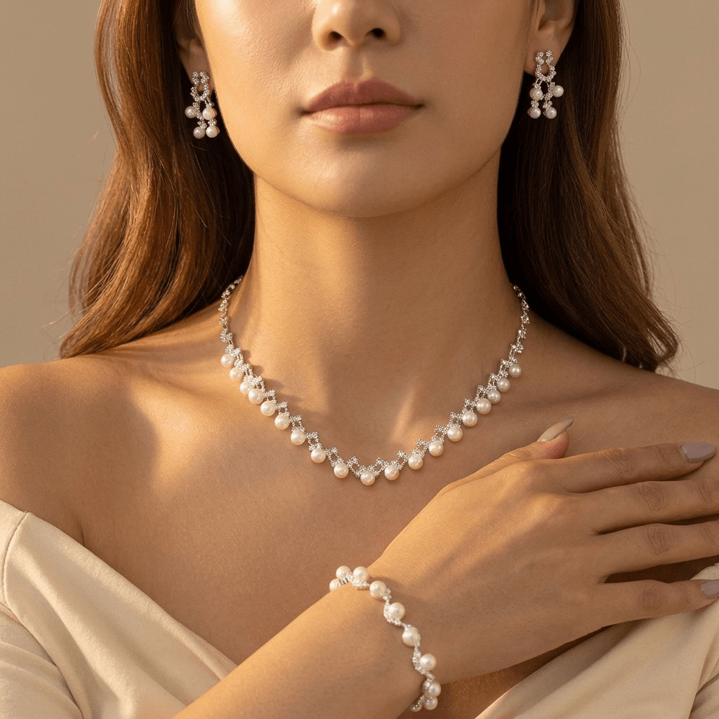 Pearl Geometric Necklace Bracelet Earrings Jewelry Set