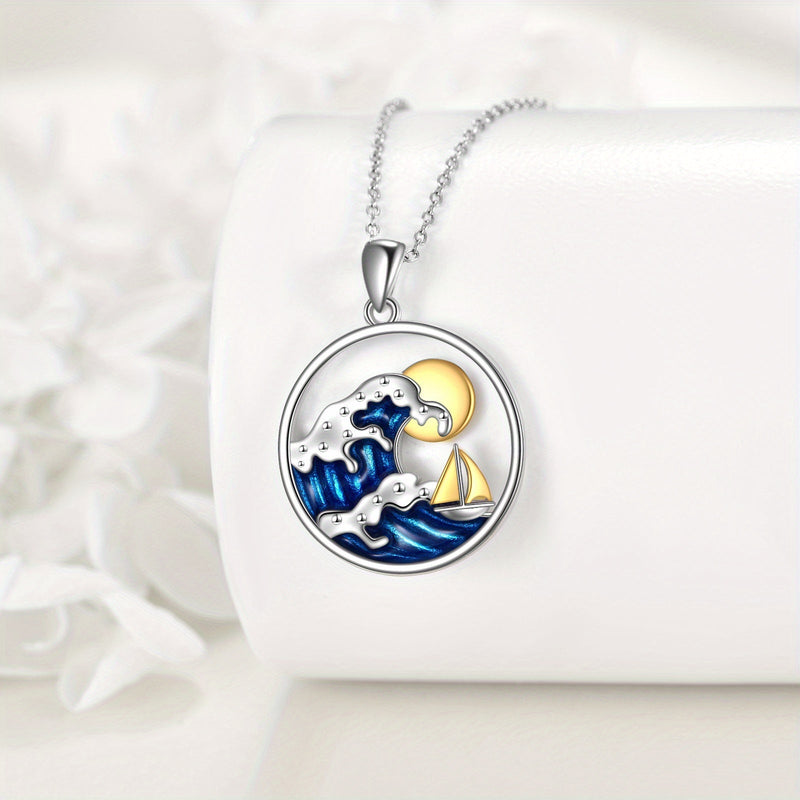 Ocean Wave Sun & Sailboat Pendant Necklace