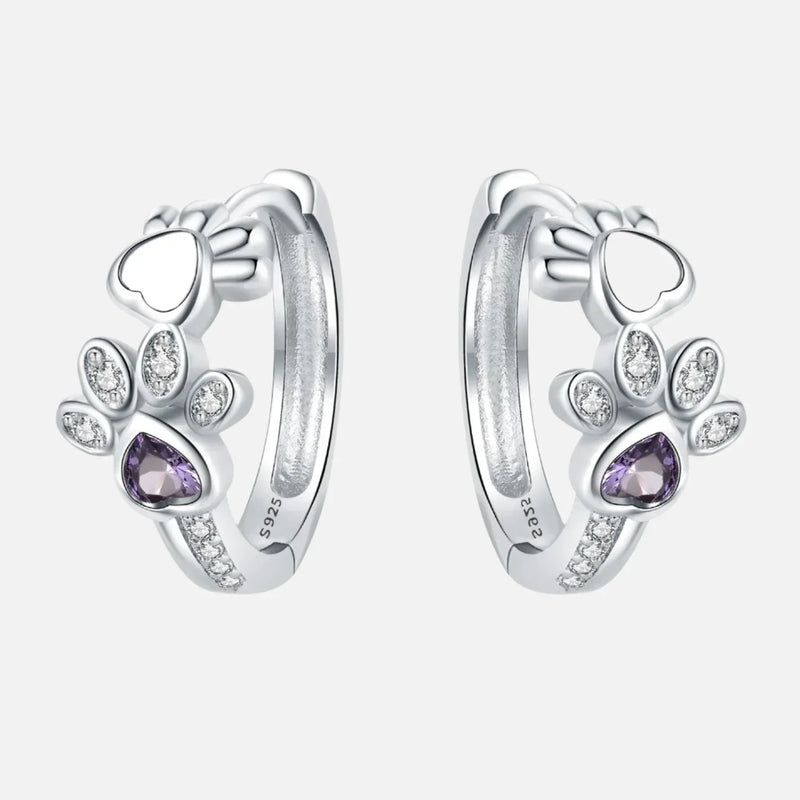 Paw Huggie silver earrings with cubic zirconia and heart-shaped gemstone