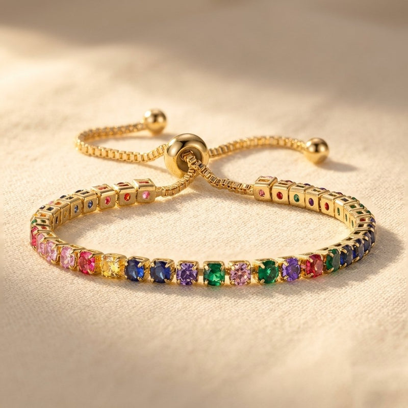 Rainbow Multicolor Crystal Gold Bolo Bracelet