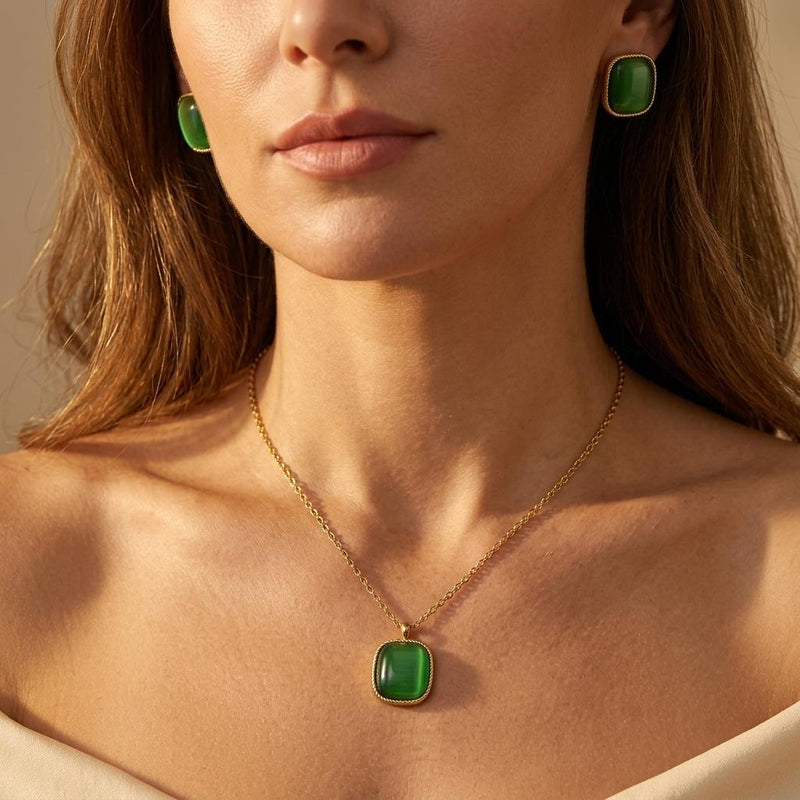 Rectangular Cats Eye Stone Jewelry Set