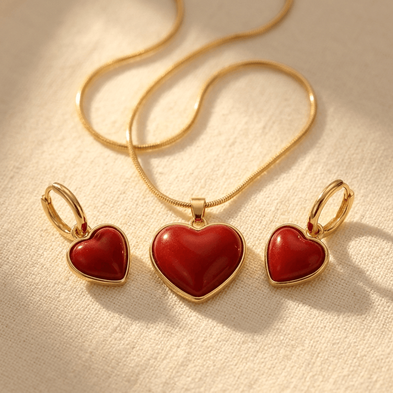 Red Heart Jewelry Set Pendant Necklace Earrings