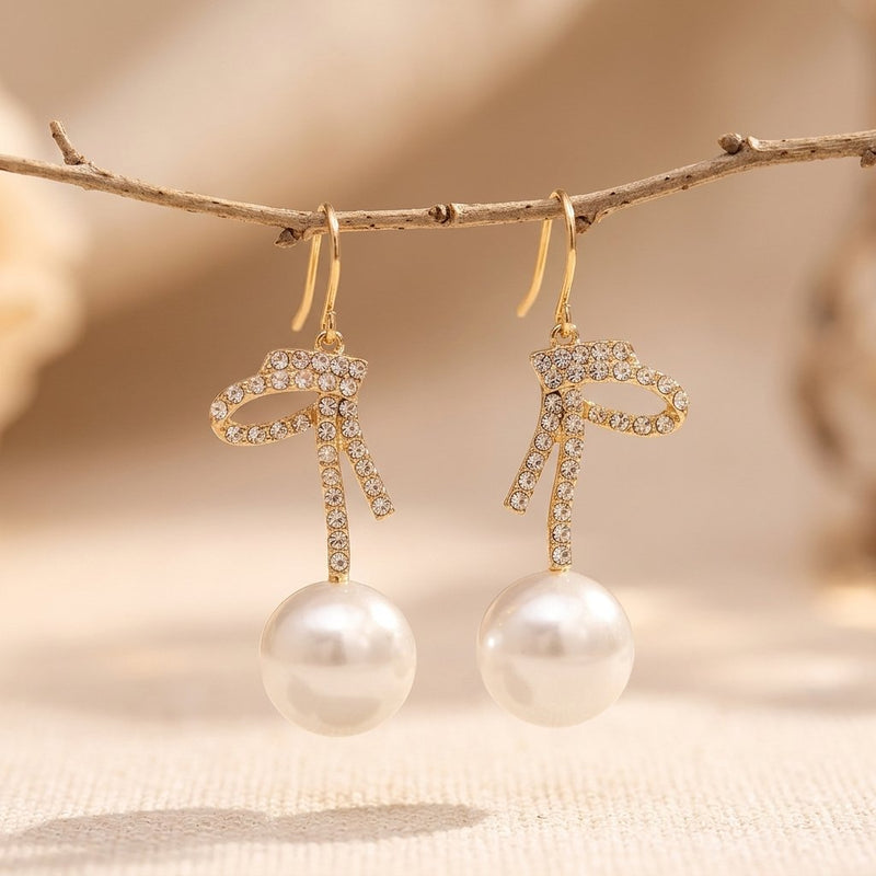 Romantic Gold Crystal Bow Pearl Drop Earrings