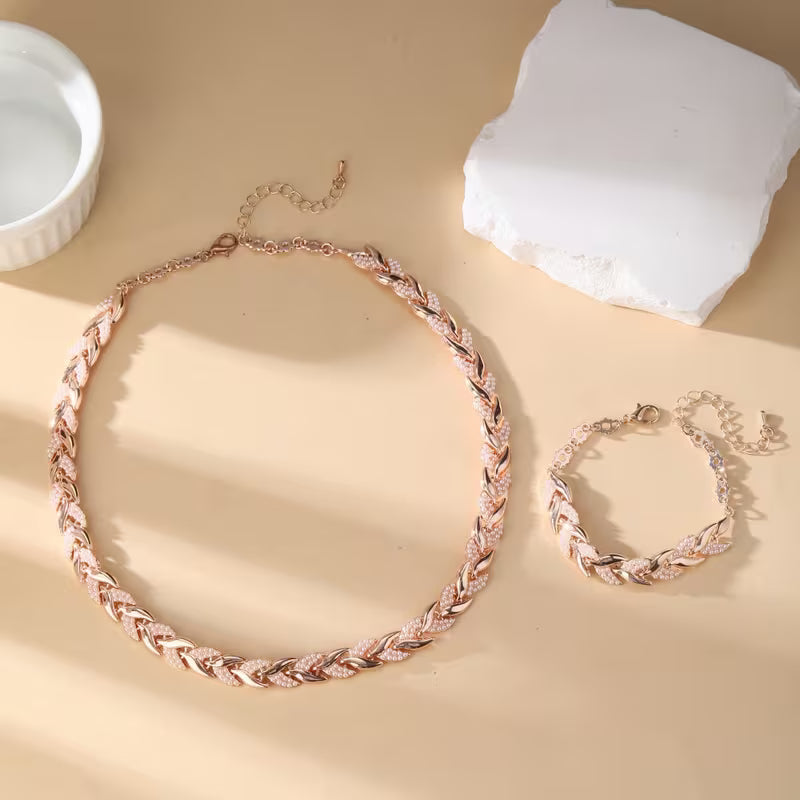 Rose Gold Leaf Chain Necklace & Bracelet Set