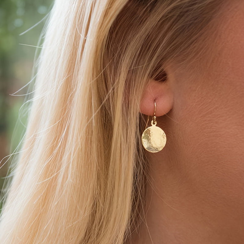 Round Shape Hammered Zinc Alloy Disc Drop Earrings