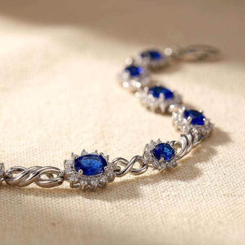 Royal Blue Sapphire Halo Silver Tennis Bracelet