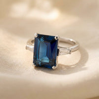 Blue Sapphire Silver Emerald Cut Ring