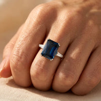 Blue Sapphire Silver Emerald Cut Ring