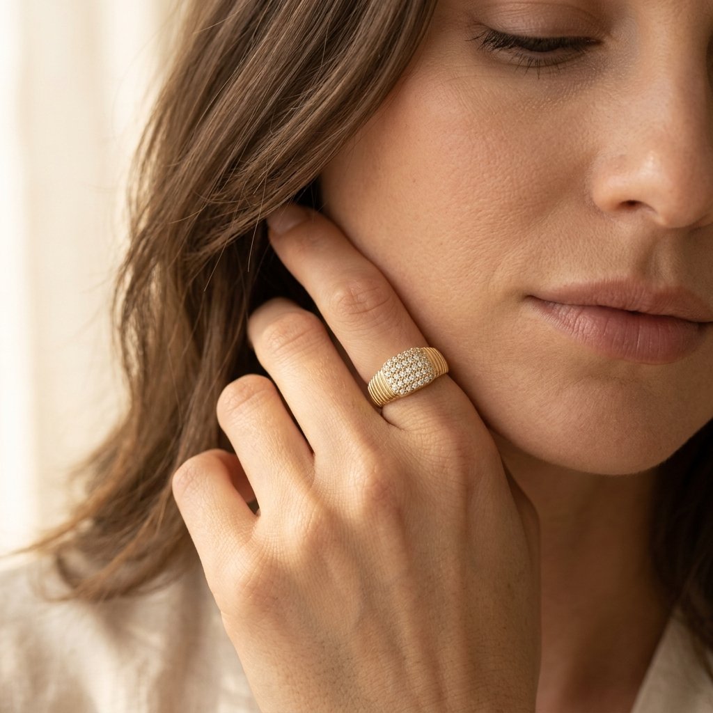 Ribbed Gold Pavé Diamond Signet Ring