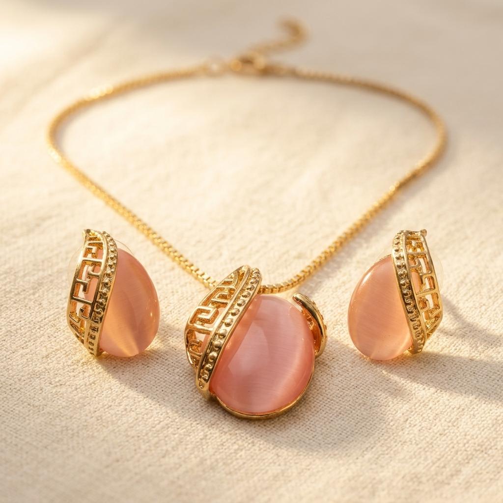 Cats Eye Stone Pendant Necklace Earrings Jewelry Set
