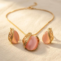Cats Eye Stone Pendant Necklace Earrings Jewelry Set