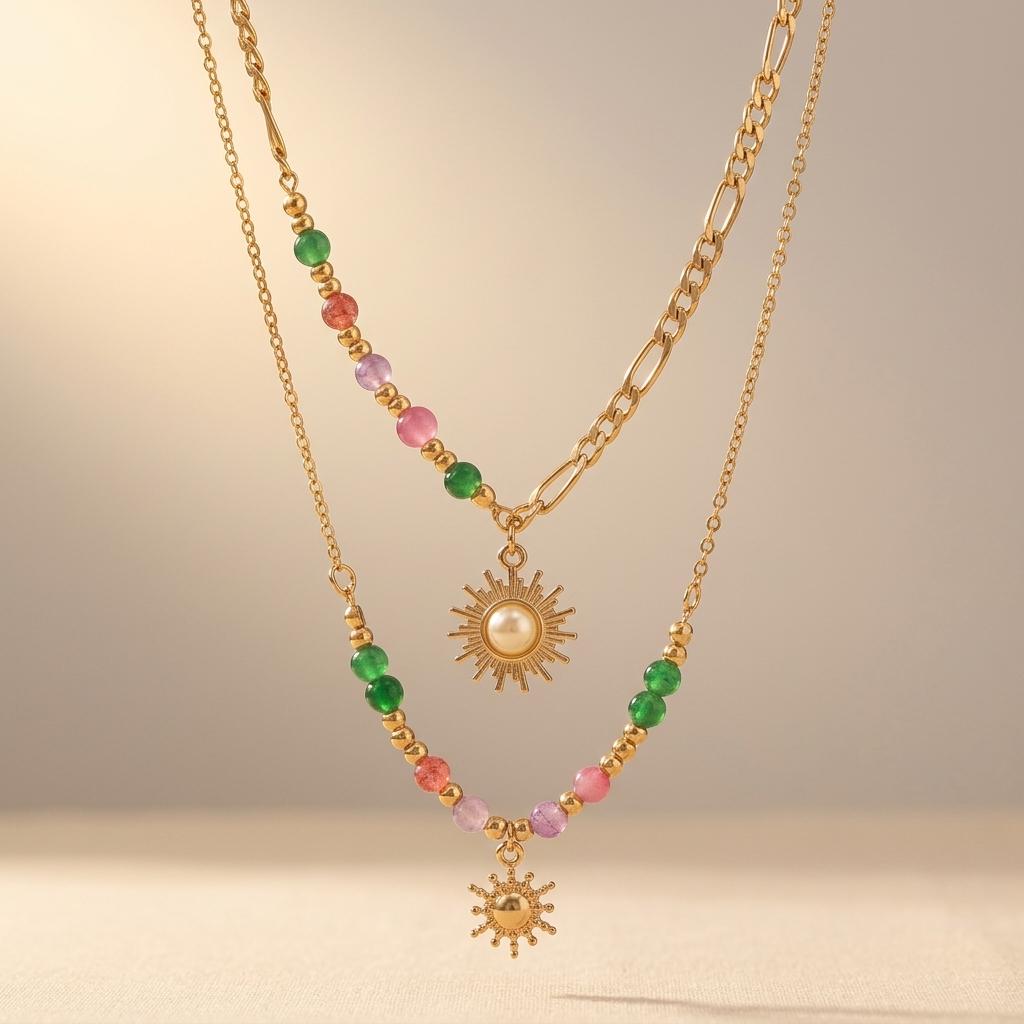Bohemian Beaded Spiral Sun Pendant Necklace