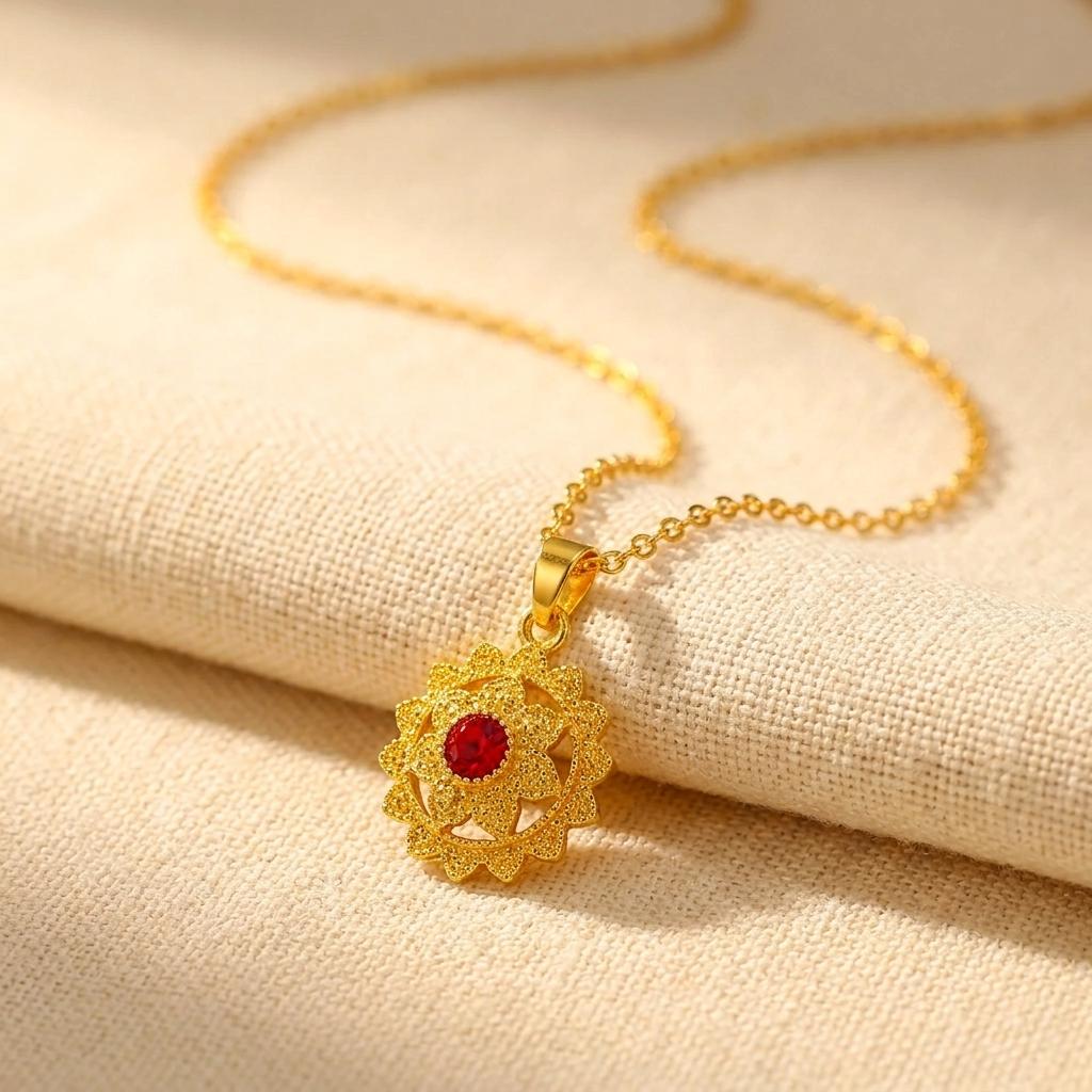 Vintage Gold Filigree Flower Pendant Necklace with Red Ruby Crystal