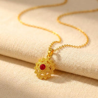 Vintage Gold Filigree Flower Pendant Necklace with Red Ruby Crystal