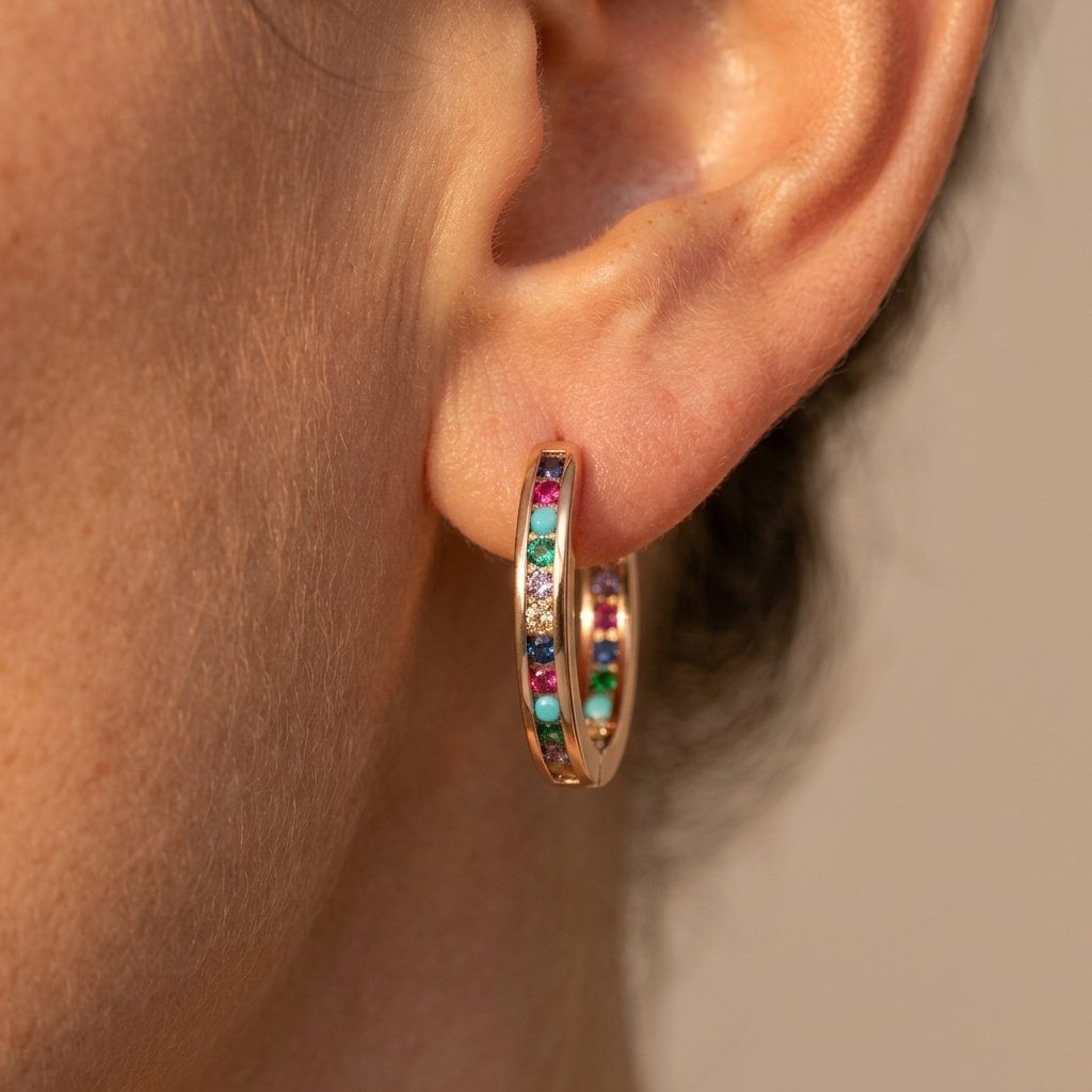 Rainbow Gemstone Gold Channel Hoop Earrings