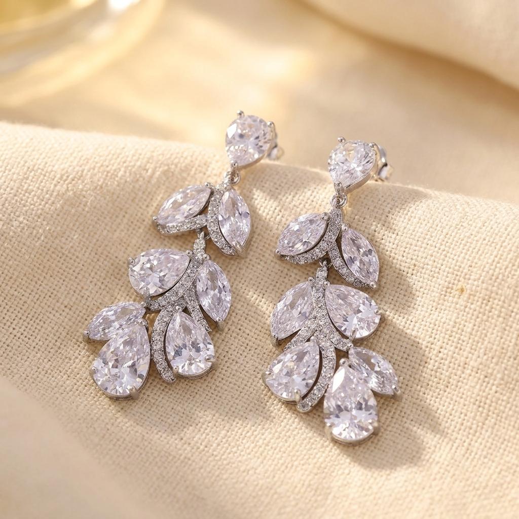 Silver Pear Cut Crystal Leaf Necklace