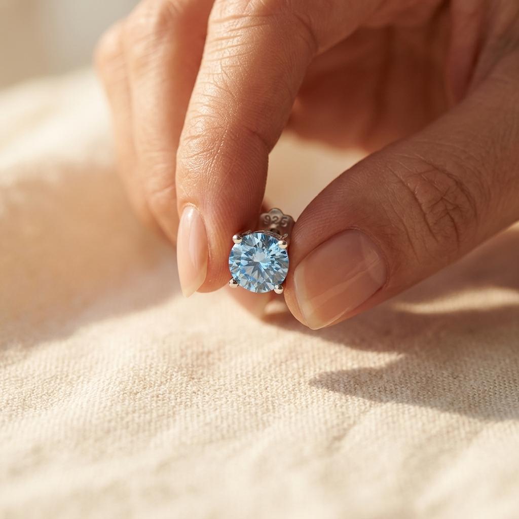 Blue Cubic Zirconia Round Stud Earrings