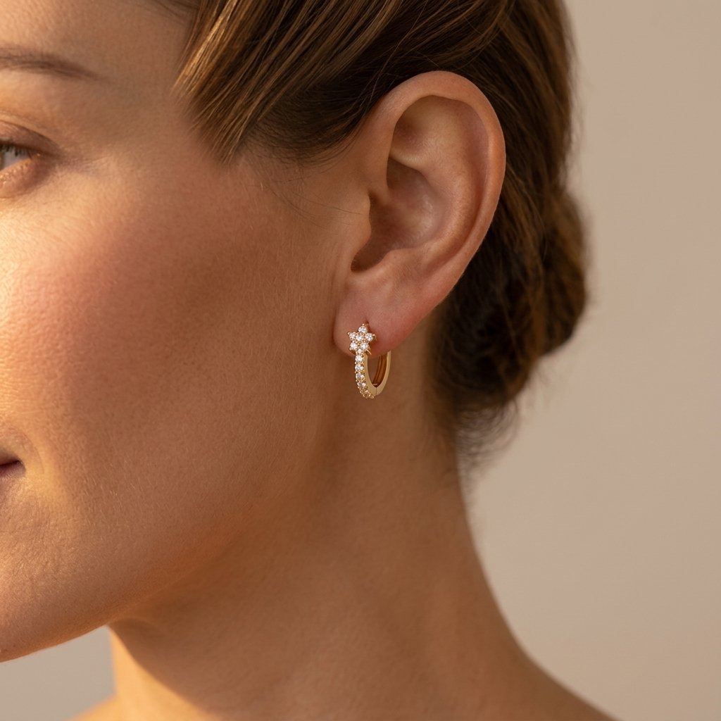 Gold Cubic Zirconia Flower Hoop Earrings