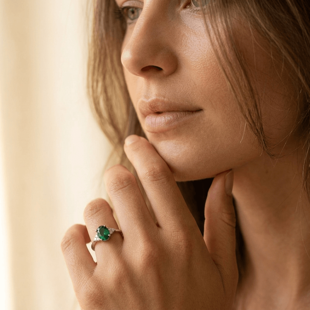 Green Stone Inlaid Silver Stack Ring
