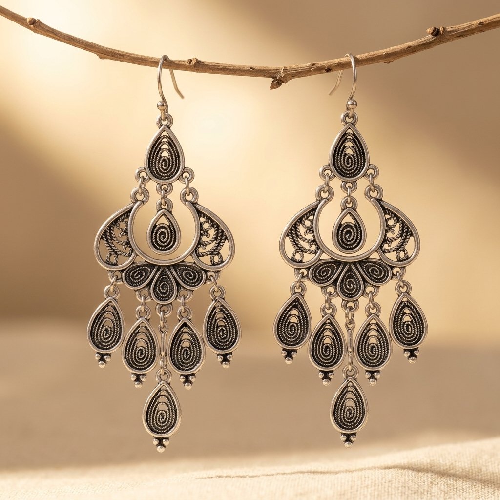 Vintage Silver Mandala Teardrop Earrings