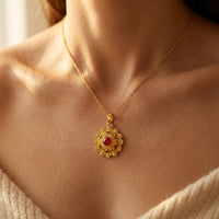 Vintage Gold Filigree Flower Pendant Necklace with Red Ruby Crystal