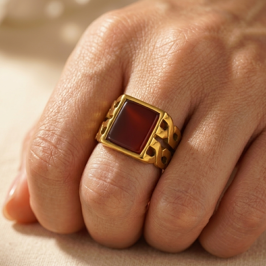 Gold Square Red Agate Statement Ring