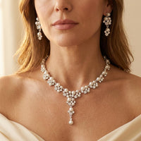Elegant Pearl Gold Necklace Earrings Jewelry Set